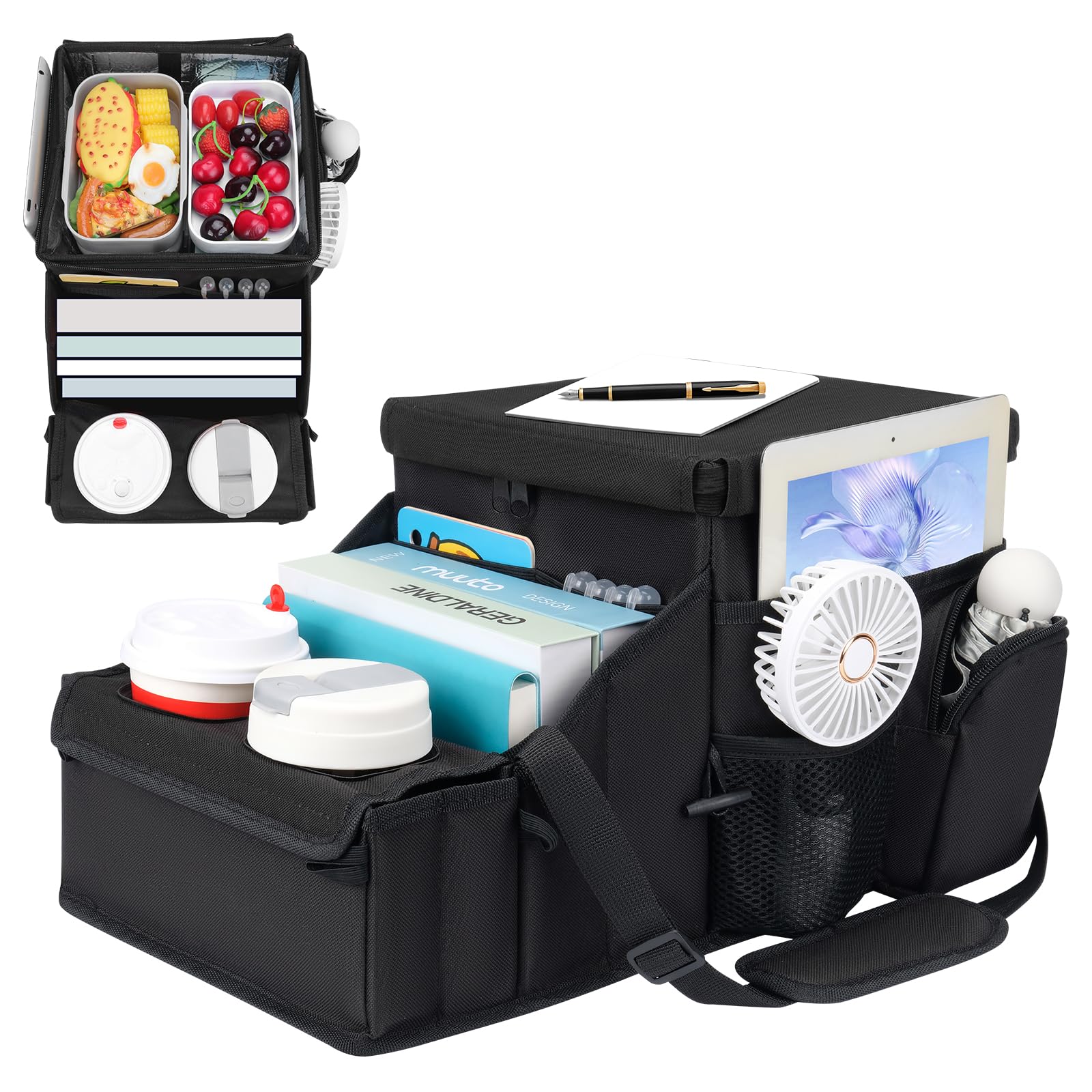 Organisateur Multifonctionnel pour Siège de Voiture, avec Porte-gobelets et Compartiment Isotherme pour Sièges Avant et Arrière – Rangement Voiture pour Jouets, Collations, Enfants et Adultes, Noir