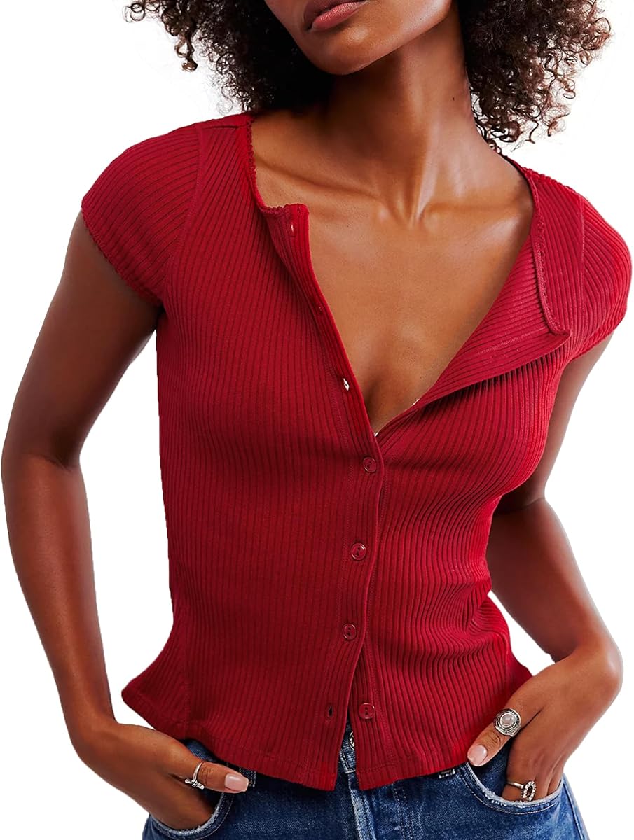 Womens Ribbed Short Sleeve Sweater Cardigan Button Down Shirts Cardigan Blouses for Women Dressy Casual Wear