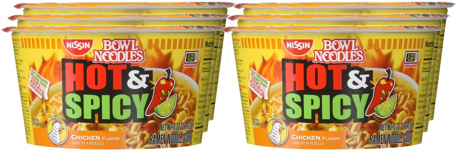 Nissin Noodle Bowl, Hot & Spicy Chicken, 3.32 oz (Pack of 6)