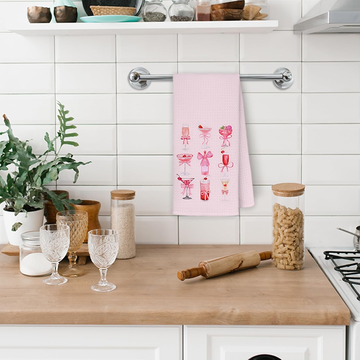 Pink Coquette Bow Cocktail Champagne Kitchen Towel, Gifts for Cocktail Lovers Hand Bar Towels for Kitchen, Pink Aesthetic Drinks Decorative Dish Towels Drying Cloth, 16x24 Inch - Image 4