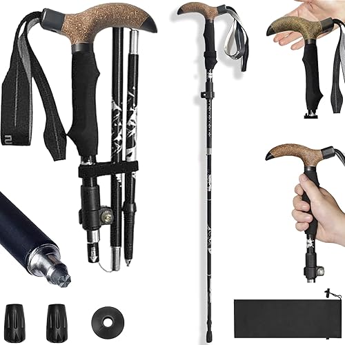 Bastón de caminar plegable, ajustable, plegable para hombres y mujeres, punta todo terreno resistente, con bolsa de viaje, bastones para caminar