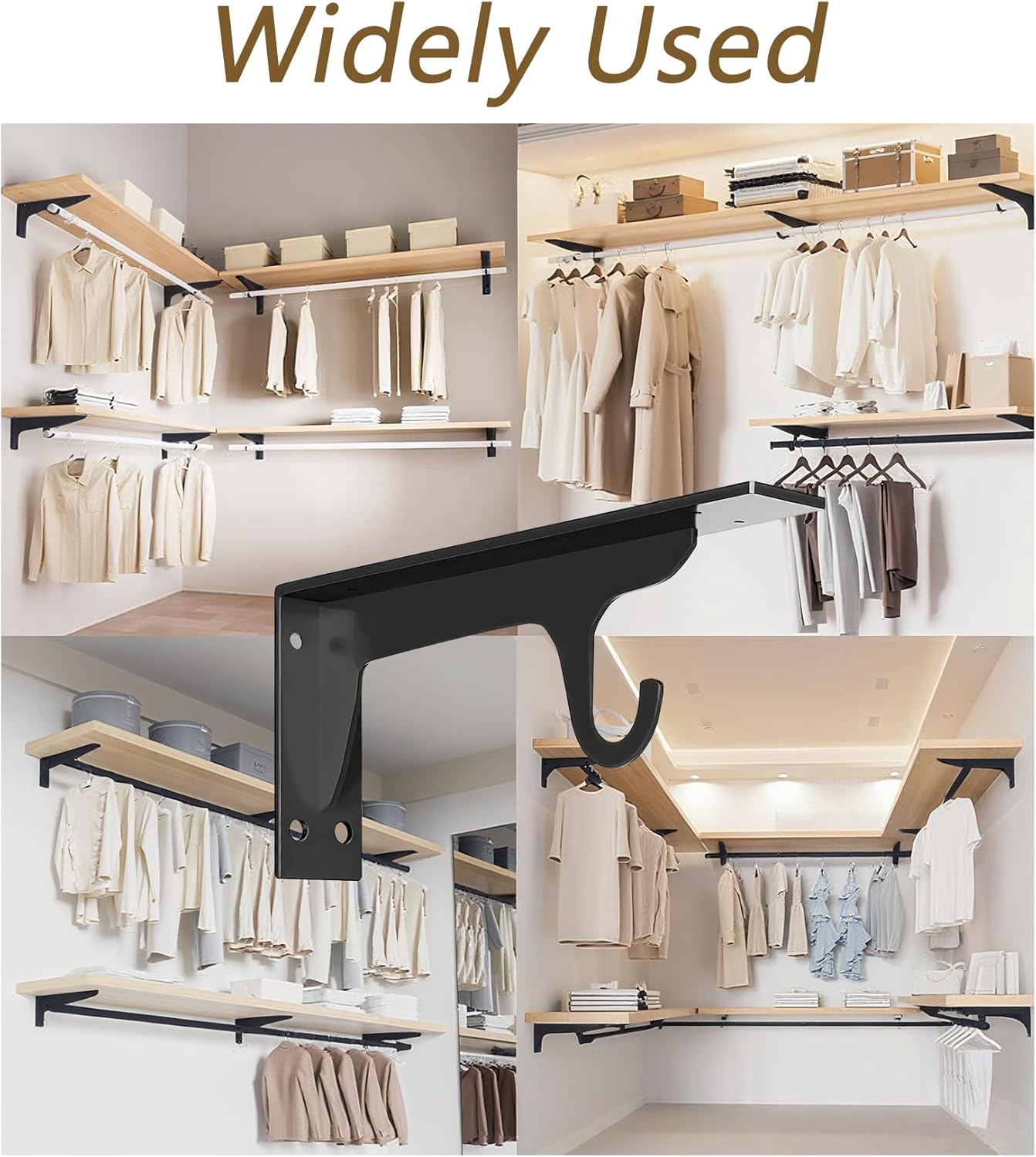 Closet Rod Bracket, Maijdoany 2Pcs Heavy Duty Wall Mounted Shelf Bracket with Hook Rod Holder for Closet, Curtain, Wardrobe – Durable Iron Support