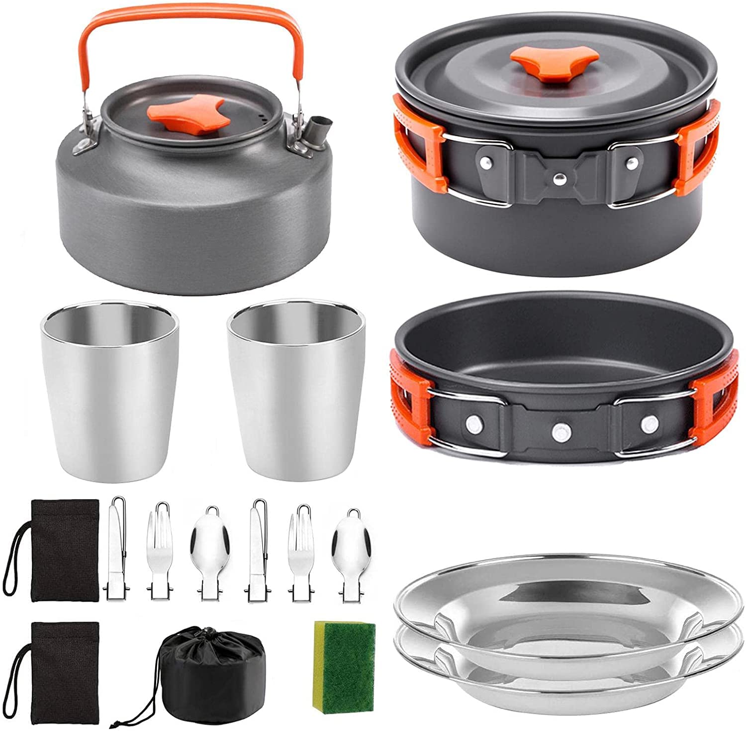 Pots de camping portables orange avec sac de rangement pour pique-nique