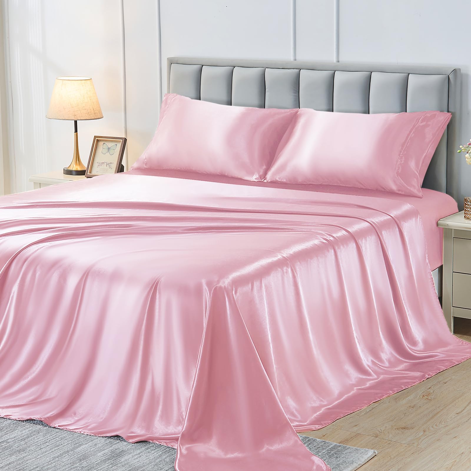 Sasttie Juego de sábanas de satén tamaño Queen, juego de sábanas de satén rosa, suave y ultrasuave, sedoso, con 2 fundas de almohada, color rosa