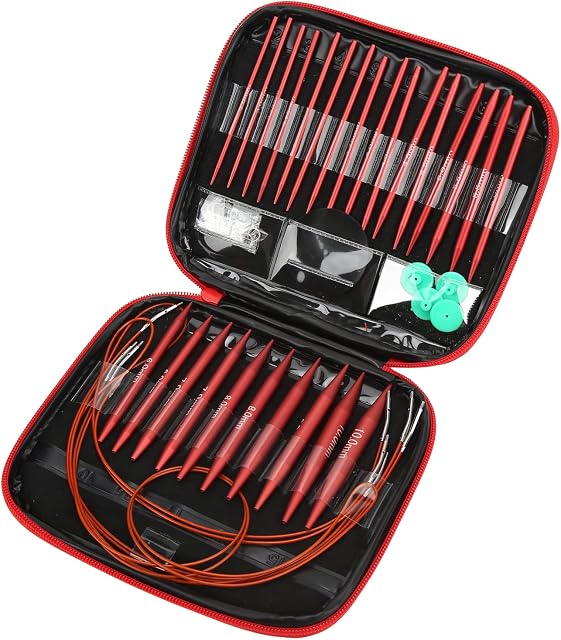 Alvinlite Interchangeable Ensemble d'aiguilles circulaires à tricoter, 26pcs Aluminium, 3.0mm-10.00mm, Rouge, Détachable, Boîtier de rangement, Cadeau pour les amoureux de tricot