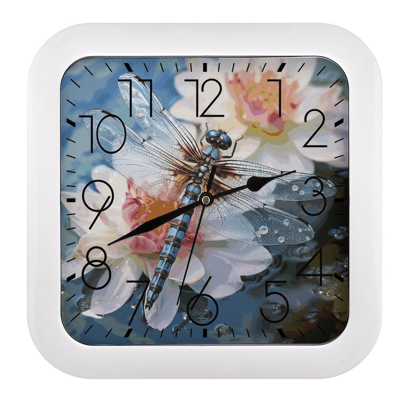 NTVOWPZO 10 Inch Wall Clock Dragonfly Flower Battery Operated Wall Clocks Silent Non-Ticking Square Wall Clock for Living Room Kitchen Home Office Wall Decorative Clocks