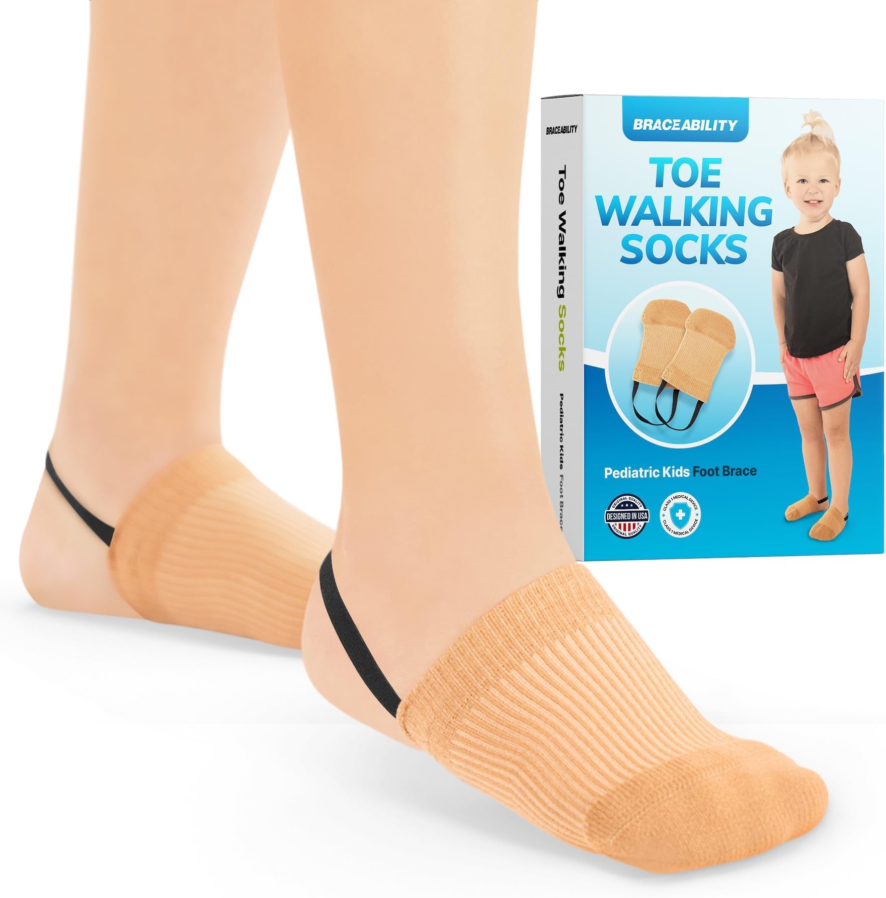 BraceAbility Toe Walking Socks (Pair) - Pediatric Kids Foot Brace for Comfortable Tip Toe Walking Prevention and Correction for Children and Toddlers, Cerebral Palsy Equipment, ADHD Support (L - Beige)