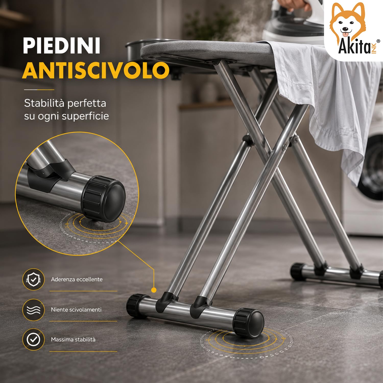 AkitaInk Asse da Stiro con Presa Integrata 125x43 cm, Tavolo da Stiro Pieghevole in Acciaio con Altezza Regolabile, Poggiaferro e Piedini Antiscivolo