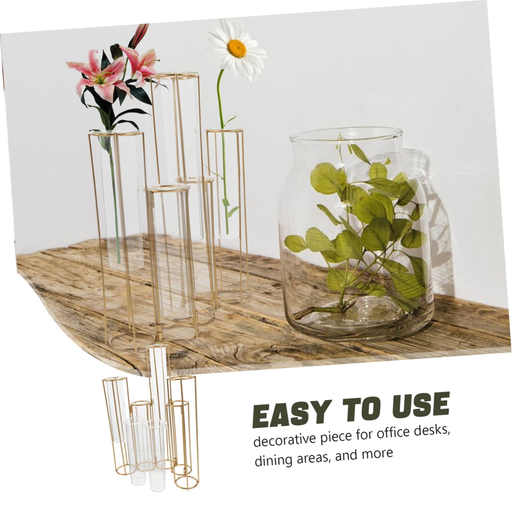 Vase à Plantes Hydroponiques Verre avec Support Métallique Rotatif Station de Propagation pour Fleurs et Racines Tubes Essai Décoratif pour Bureau et Maison
