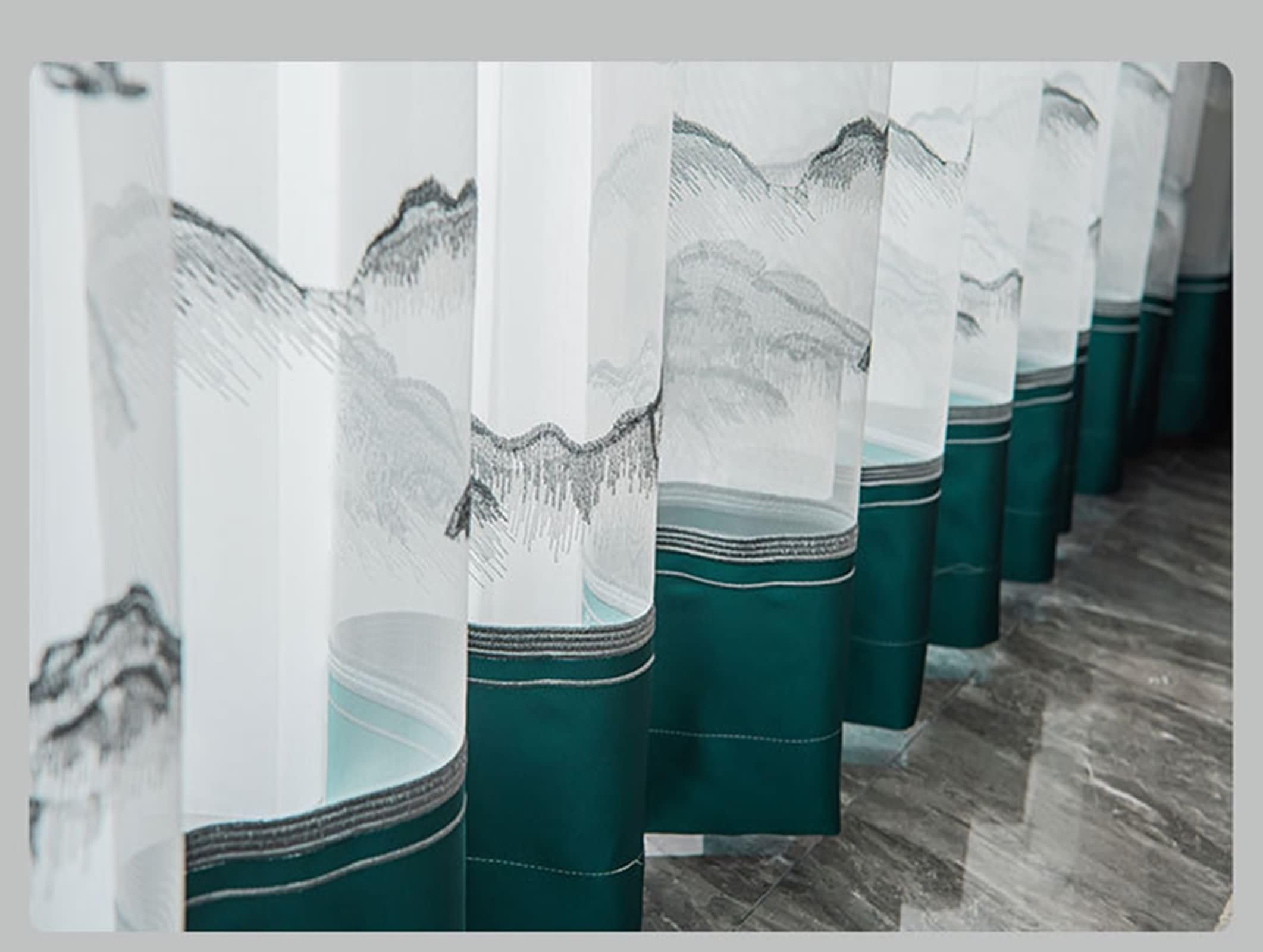 Halbtransparente Vorhänge 2er Set,2 x 137W x 214H cm,Gardinen Vorhänge Transparent Grün Landschafts Tuschemalerei Gardinen mit Haken