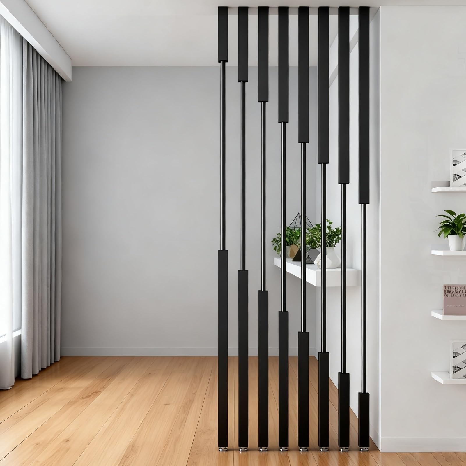 Paravent de séparation de pièce – Poteau sur pied sans perçage pour salon, salle de bain, entrée murale avec lattes métalliques