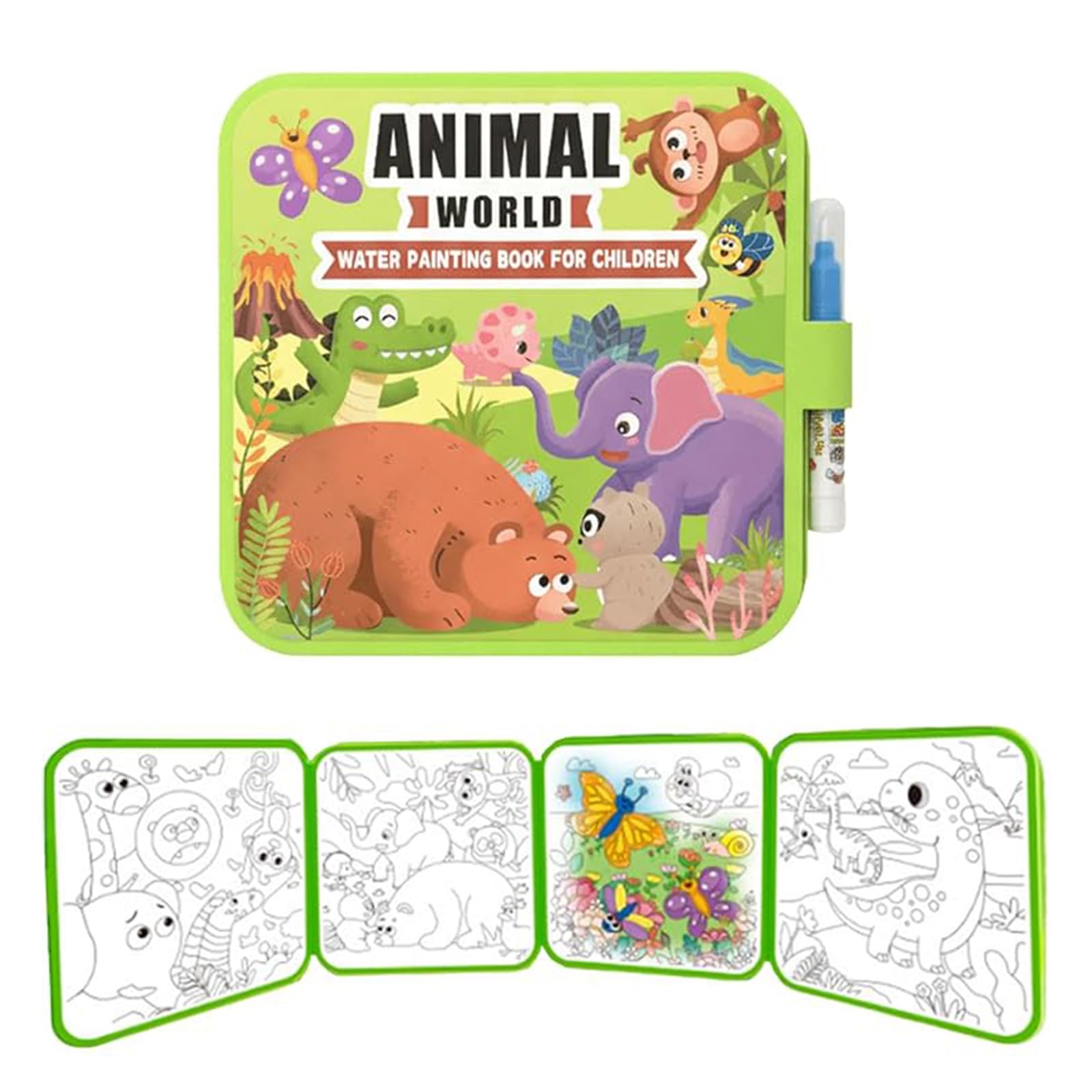 ANTUK Montessori Mess-Free Water Colouring Book, Reusable Water Painting Book with Pen, Kids Water Paint Color Book, No Mess, Just Add Water to Reveal Vibrant Colors, Gifts for Boys Girls (Animals)