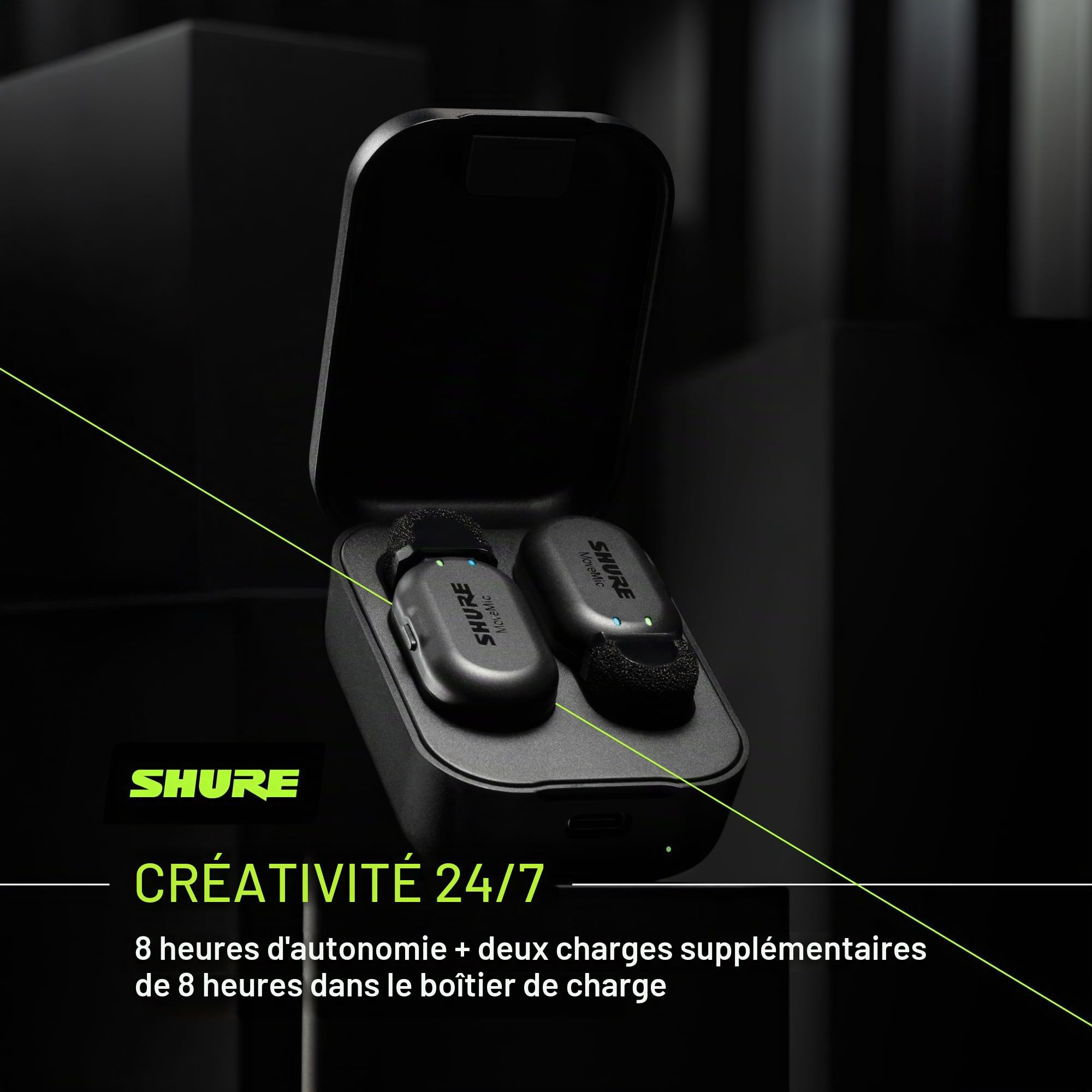 Shure MoveMic Two-Pro Direct to Phone Microphone Lavalier sans fil pour iPhone et Android, Bluetooth Mini Mic, 24 heures de charge, configuration rapide, IPX4, compact et portable Clip Lav (MV-TWO-Z6)