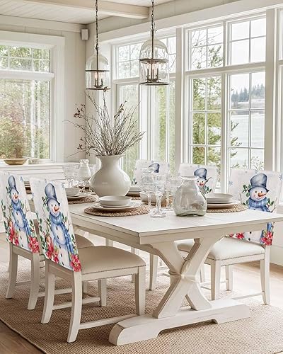 Vista 14 de Paquete de 4 fundas de respaldo de silla de Navidad con muñeco de nieve azul para sillas de comedor, fundas extraíbles lavables para silla