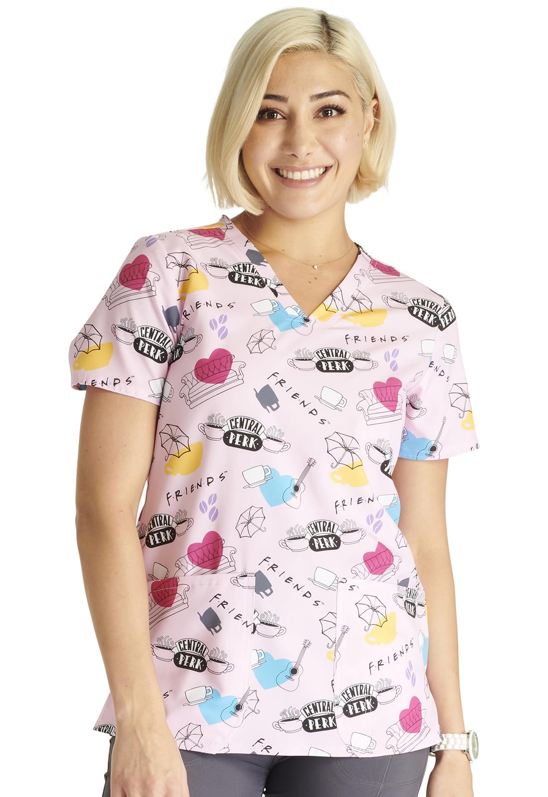Tooniforms Women Scrubs Top V-Neck Print TF738, M, Coffee Time