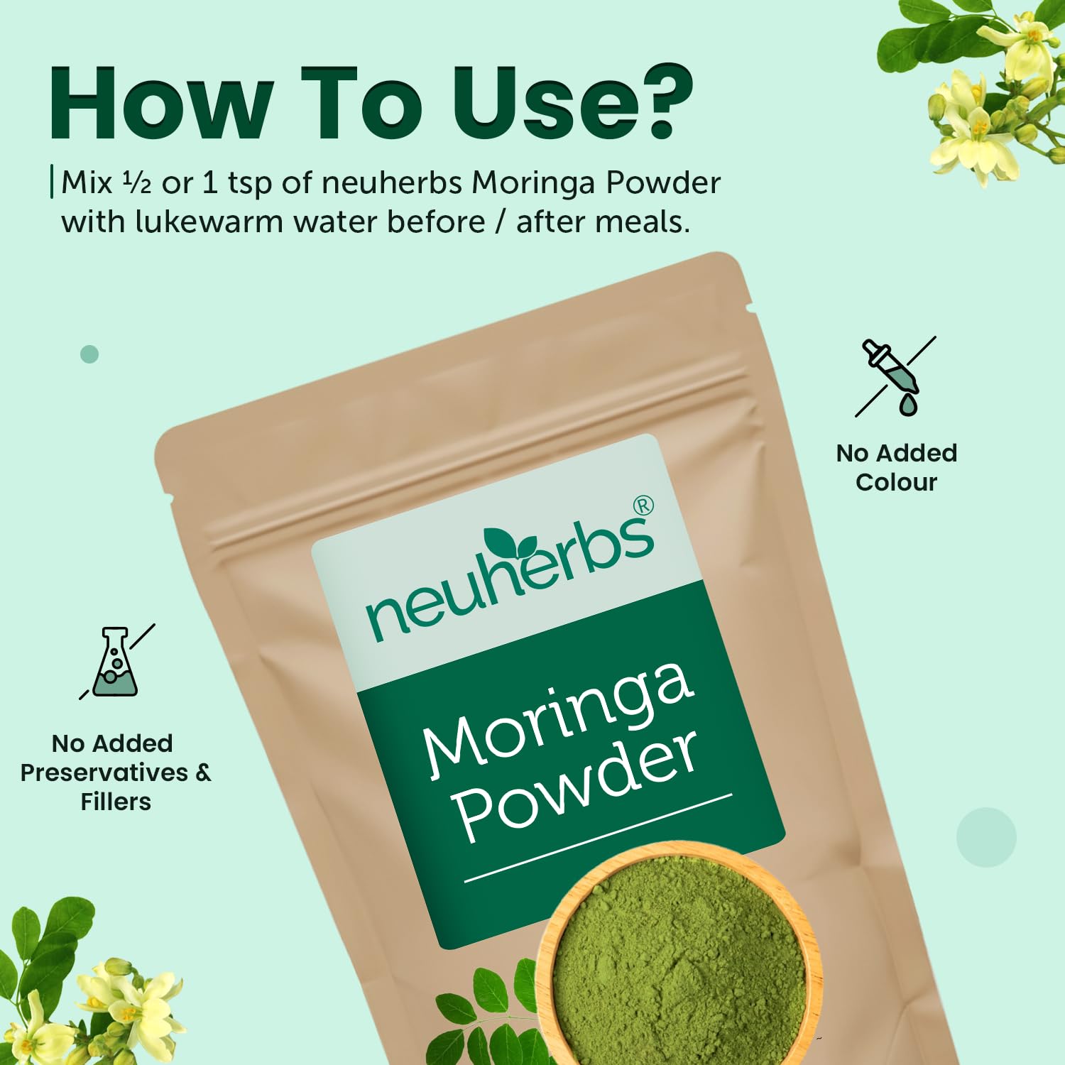 Neuherbs Moringa Leaf Powder 200g | Drumstick Leaf Powder for Energy, Immunity & Digestion Support | Rich in Fiber, Iron, Vitamins A & C | 100% Pure Herbal Superfood 3