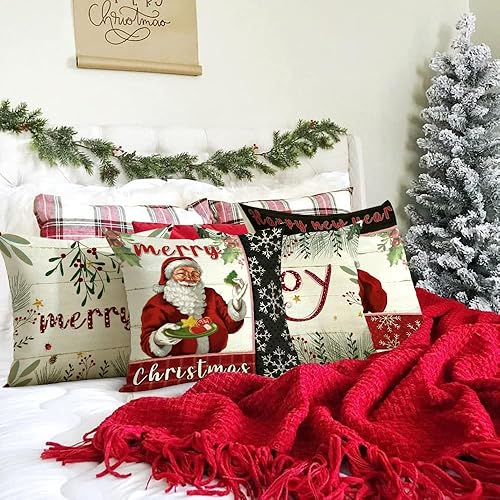 Miniatura 10 de Cirzone Juego de 4 fundas de almohada navideñas de 18 x 18 pulgadas, con diseño de flores rojas, decoración de casa de campo, juego de 4 fundas de