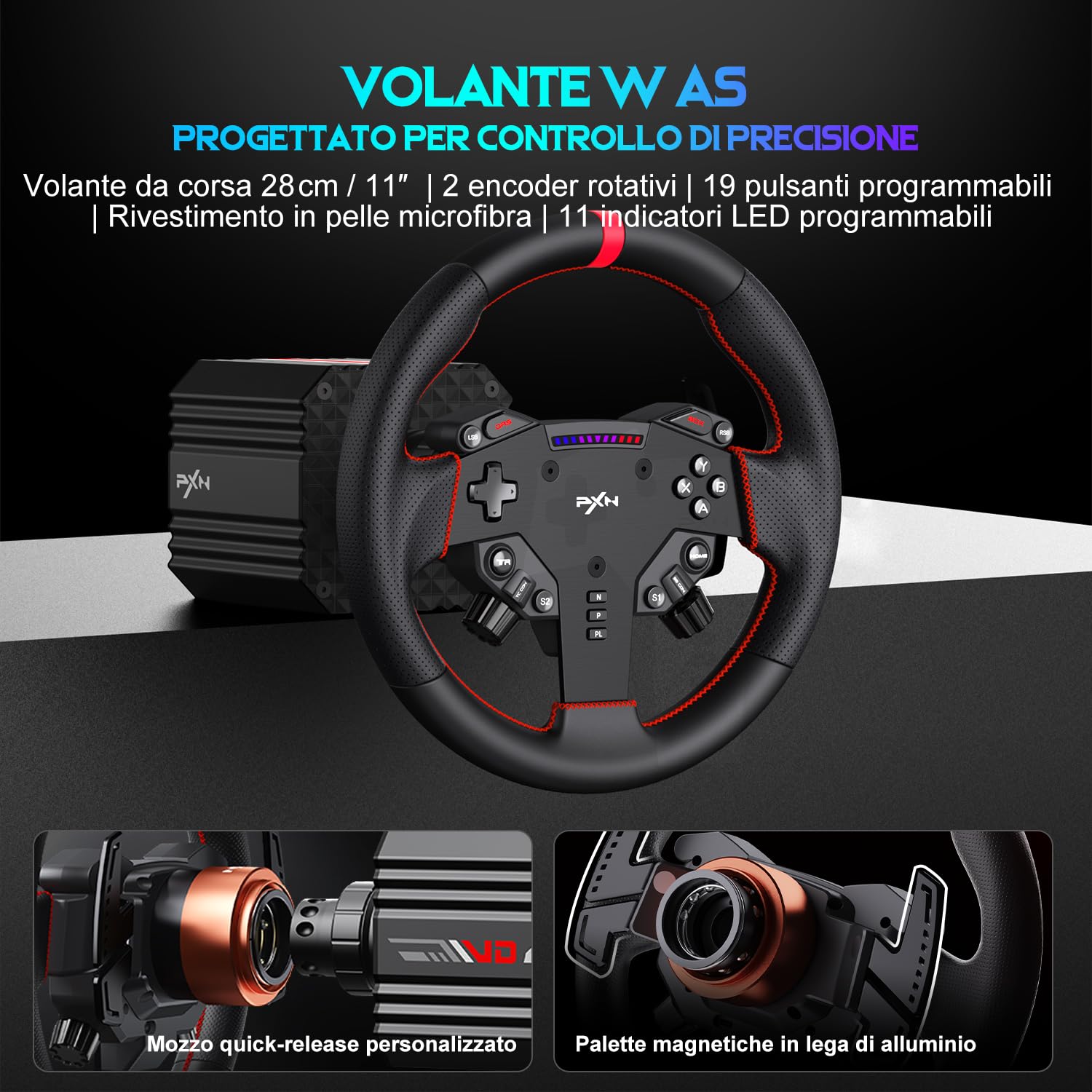 PXN VD6 Kit Volante per Sim Racing 6Nm – Base Servo a Bassa Inerzia, Volante da Corsa W AS, Pedaliera PD HM con Sensore Hall e Morsetto da Scrivania – Compatibile solo con PC Windows 7–11