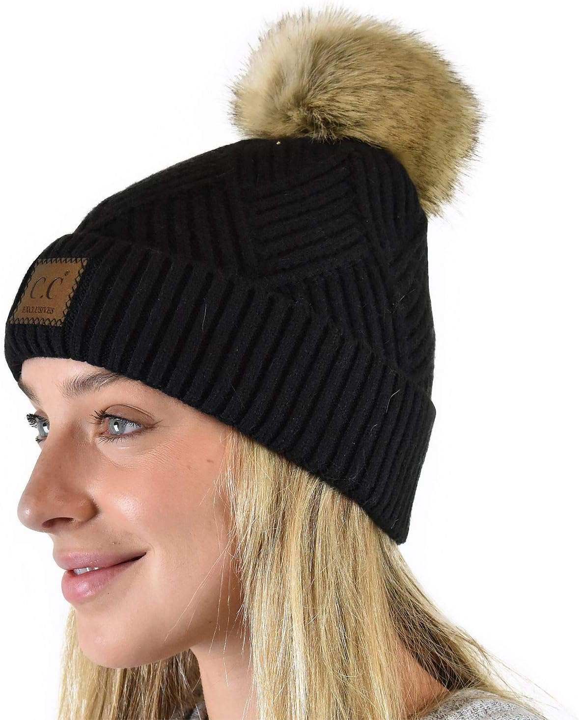 C.C Diagonal Criss Cross Pattern Suede Patch Snuggly Soft Pom Cuff Beanie
