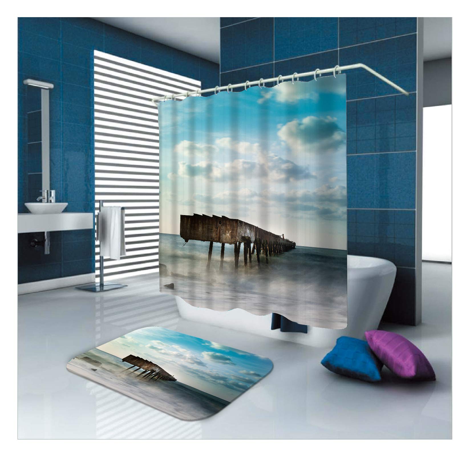 Daesar Dywanik łazienkowy WC 40 x 60 morskie przejście 150 x 200 cm zasłona łazienkowa w stylu vintage, 2-częściowy zestaw