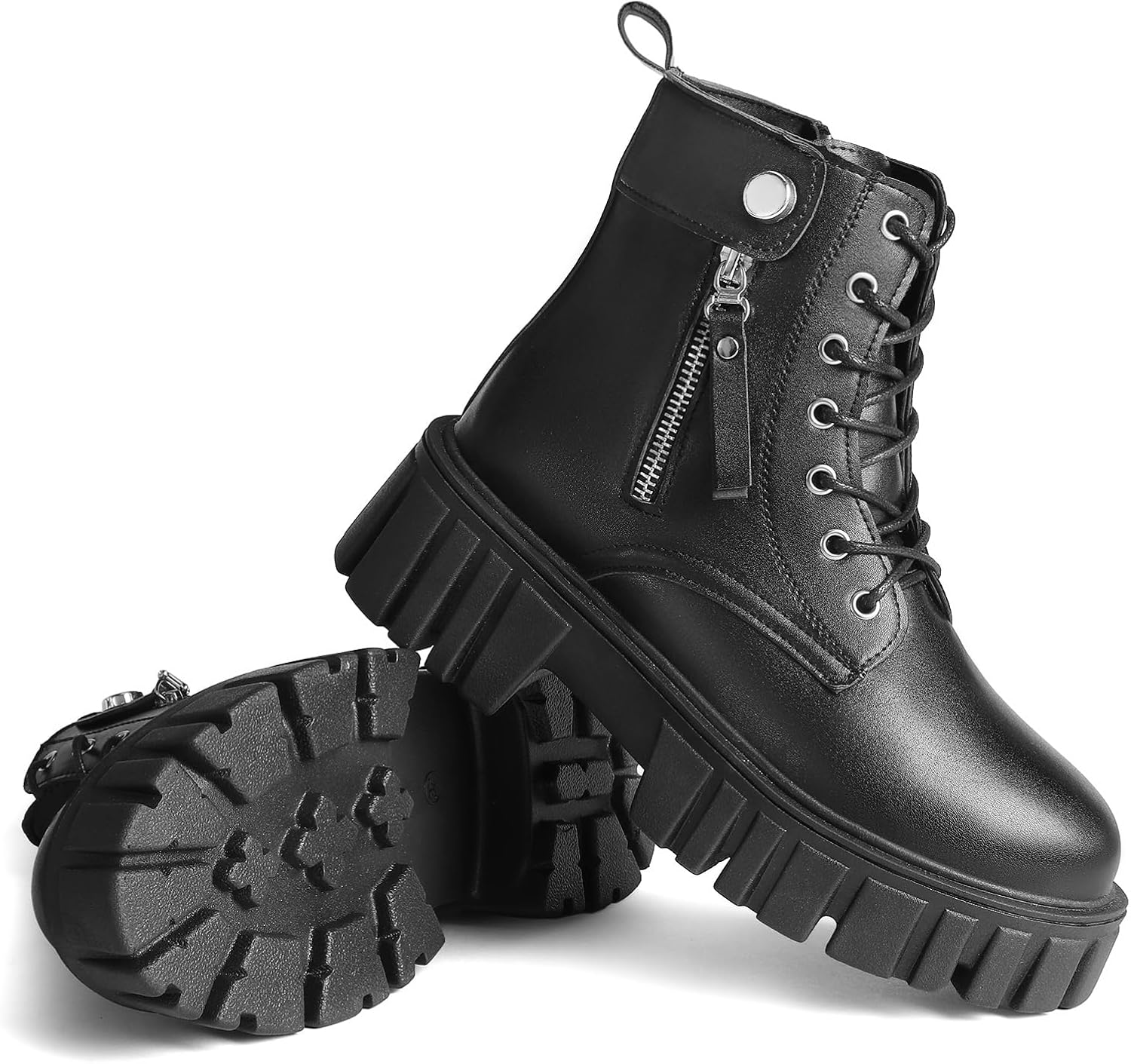 SANNAX Womens Boots Ankle Boots Ladies Classic Lace-up Chunky Boots Side Zipper Flatform Casual Boot Shoes 8