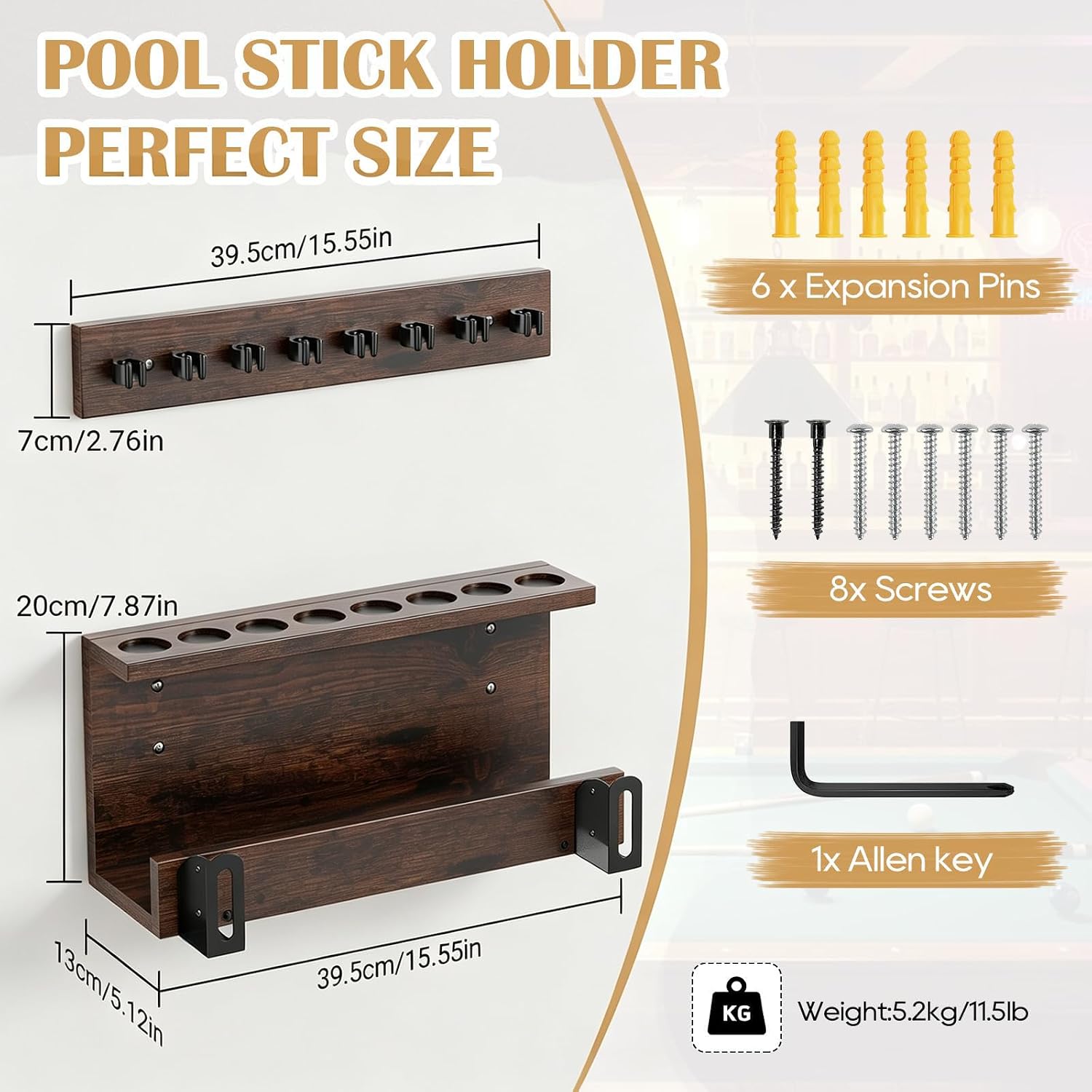 Large Pool Stick Holder Wall Mount, Pool Cue Set Holder for 8 Cues Sticks Storage Pool Table Accessories Equipment Organizer, Cue Rack Billiards Accessories for Clubs Billiard Players, Black Walnut image 3