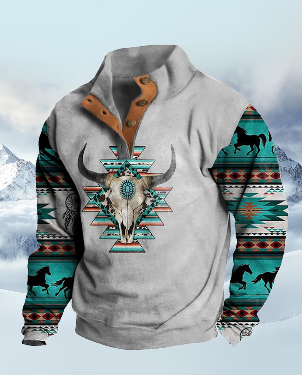 Western Sweatshirts for Men Aztec Ethnic Print Quarter Zip Pullover Fleece Hoodies Casual Stand Collar Sweatshirt - Image 2