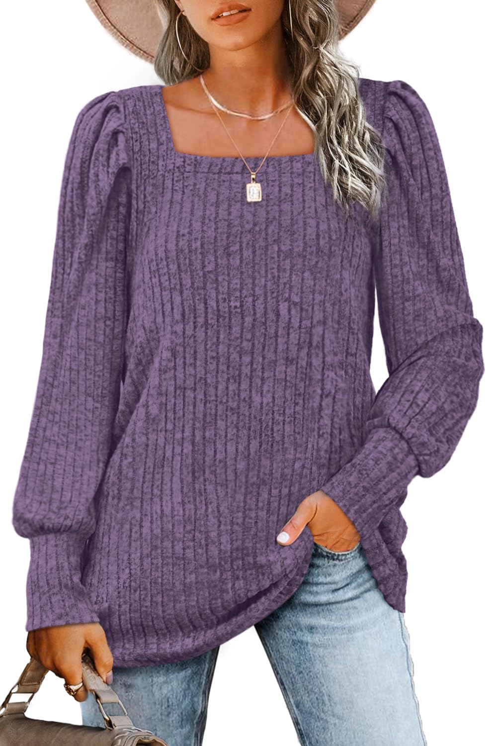 WIHOLL Long Sleeve Shirts for Women Trendy Casual Square Neck Tops Lightweight Sweaters