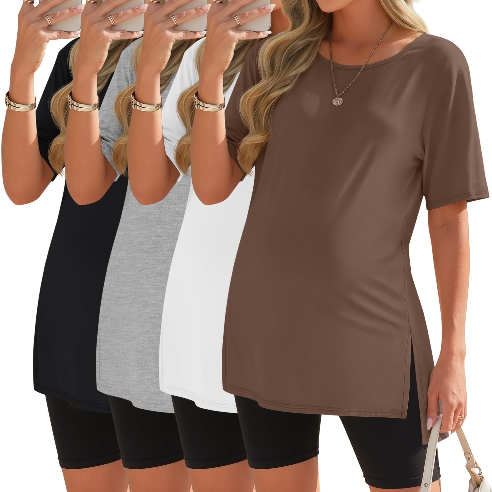 Photo 1 of Baggyfly 4 Pack Womens Maternity Shirts Short Sleeve Split Side Cotton Pregnancy Tops Loose Crewneck Soft Maternity Clothes(Brown, White, Light Gray, Black,Large)