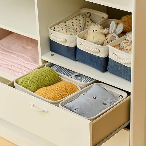 Vista 259 de Caja de almacenamiento para estantes, paquete de 6 canastas pequeñas de tela para organizar, cubos de almacenamiento plegables con asas para Blanco