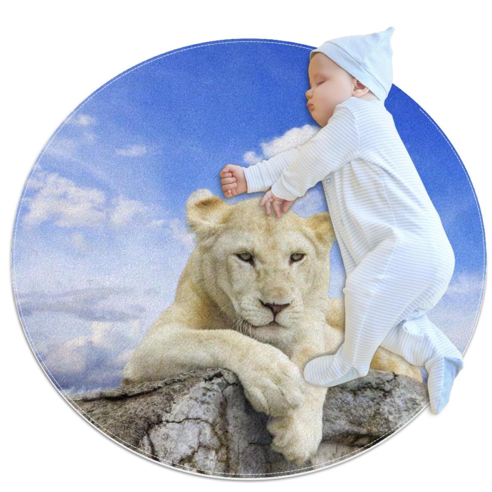 Tapis lion blanc tapis rond 100x100cm déco pour chambre bébé et buanderie