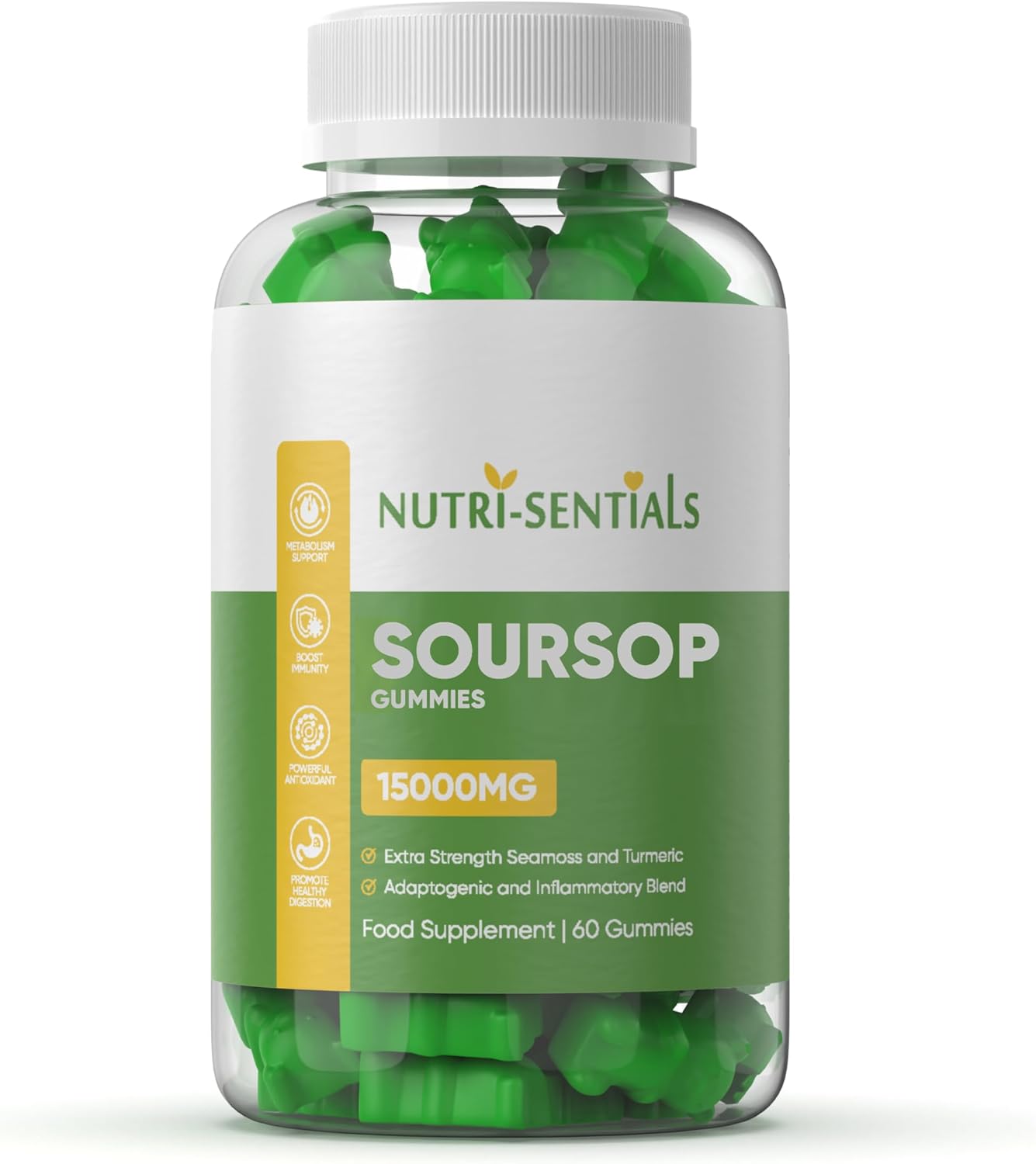 Organic Soursop Gummies 15000MG – Extra Strength Seamoss & Turmeric – Organic Herbal Blend with Ashwagandha, Multivitamin for Immunity, 60 Gummies