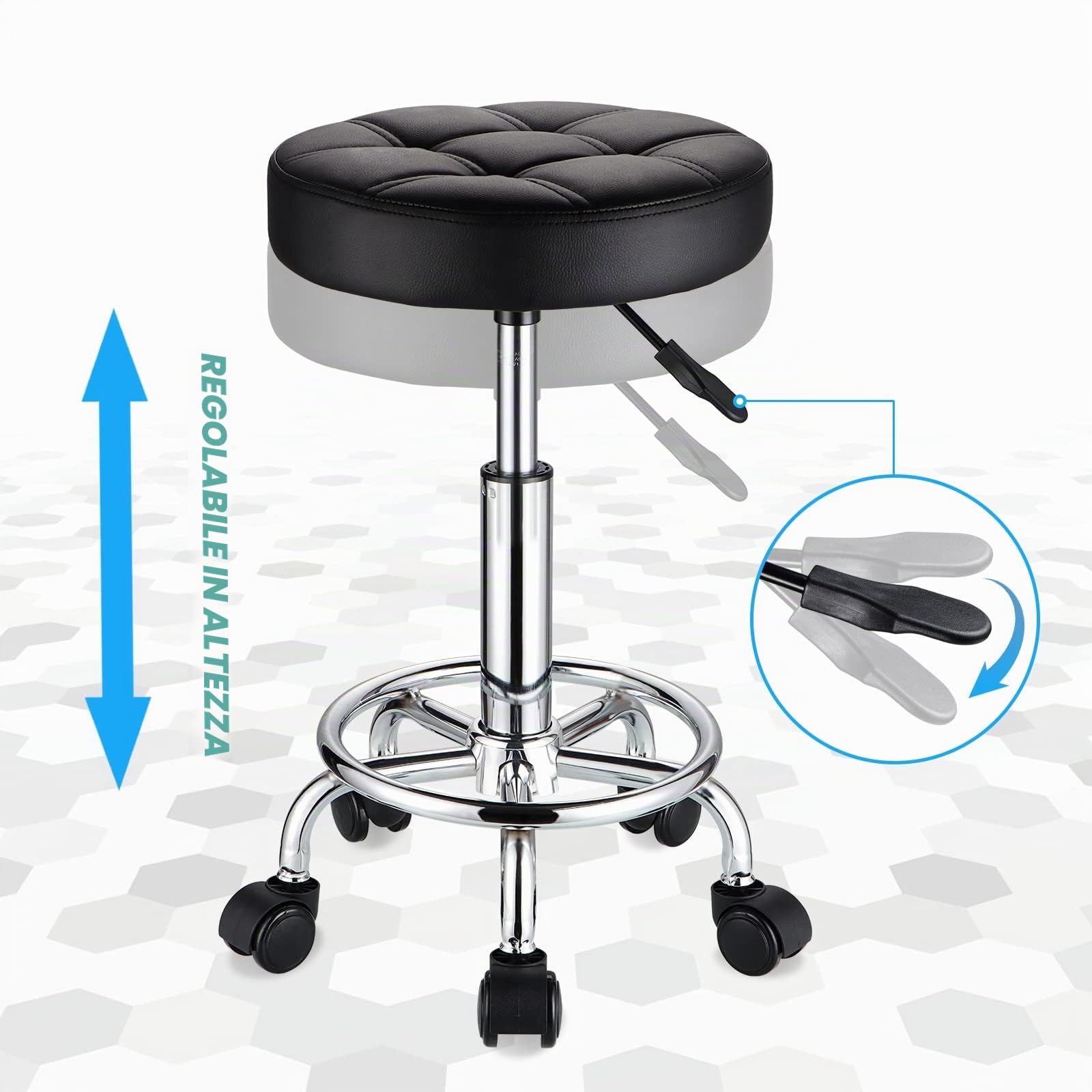 HMTOT Rotondo Sgabelli PU Pelle Sedile Altezza Regolabile Sgabello Girevole Con Ruote Nero