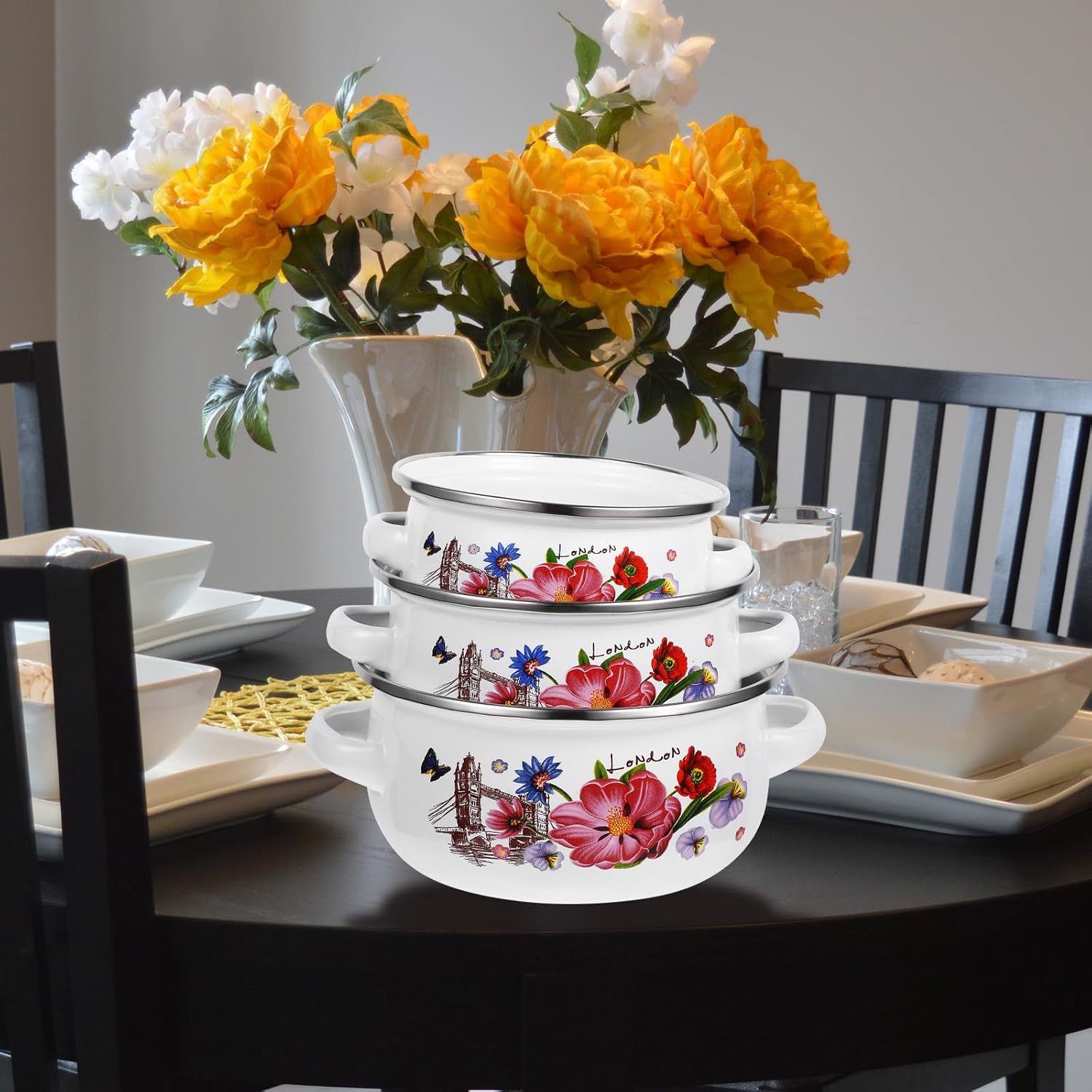 Totority Mini Enamel Soup Pot Set 3 Pcs with Double Handles Flat Bottom Cooking Pots for Induction Stove Lightweight Decorative Stockpots for Boiling Milk Soup and Oatmeal 8.07X6.29X4.72In