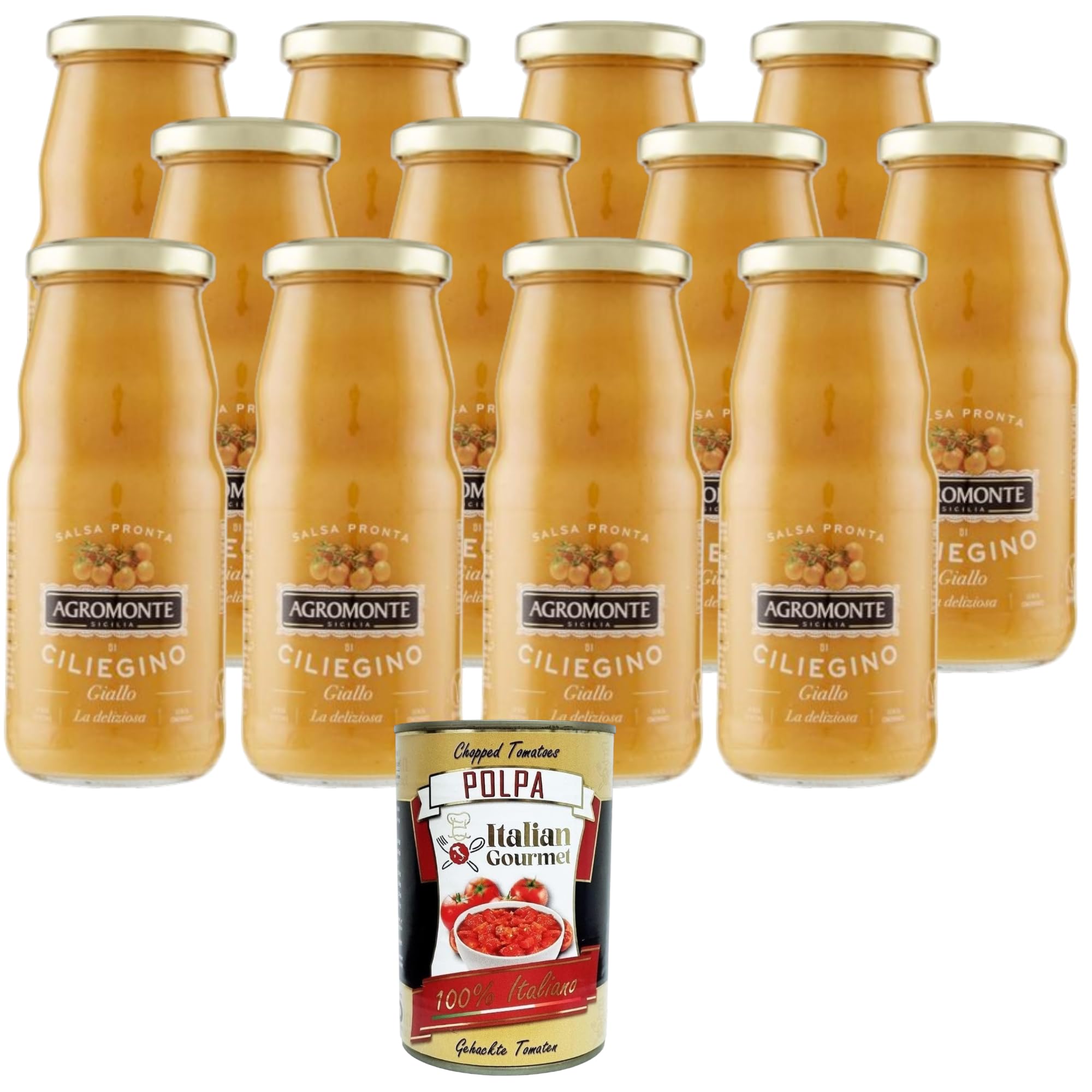 Italian Gourmet Agromonte Salsa Pronta di Ciliegino Giallo, Gelbe Kirschtomaten Sauce, 12x360 g+ Italian Gourmet polpa
