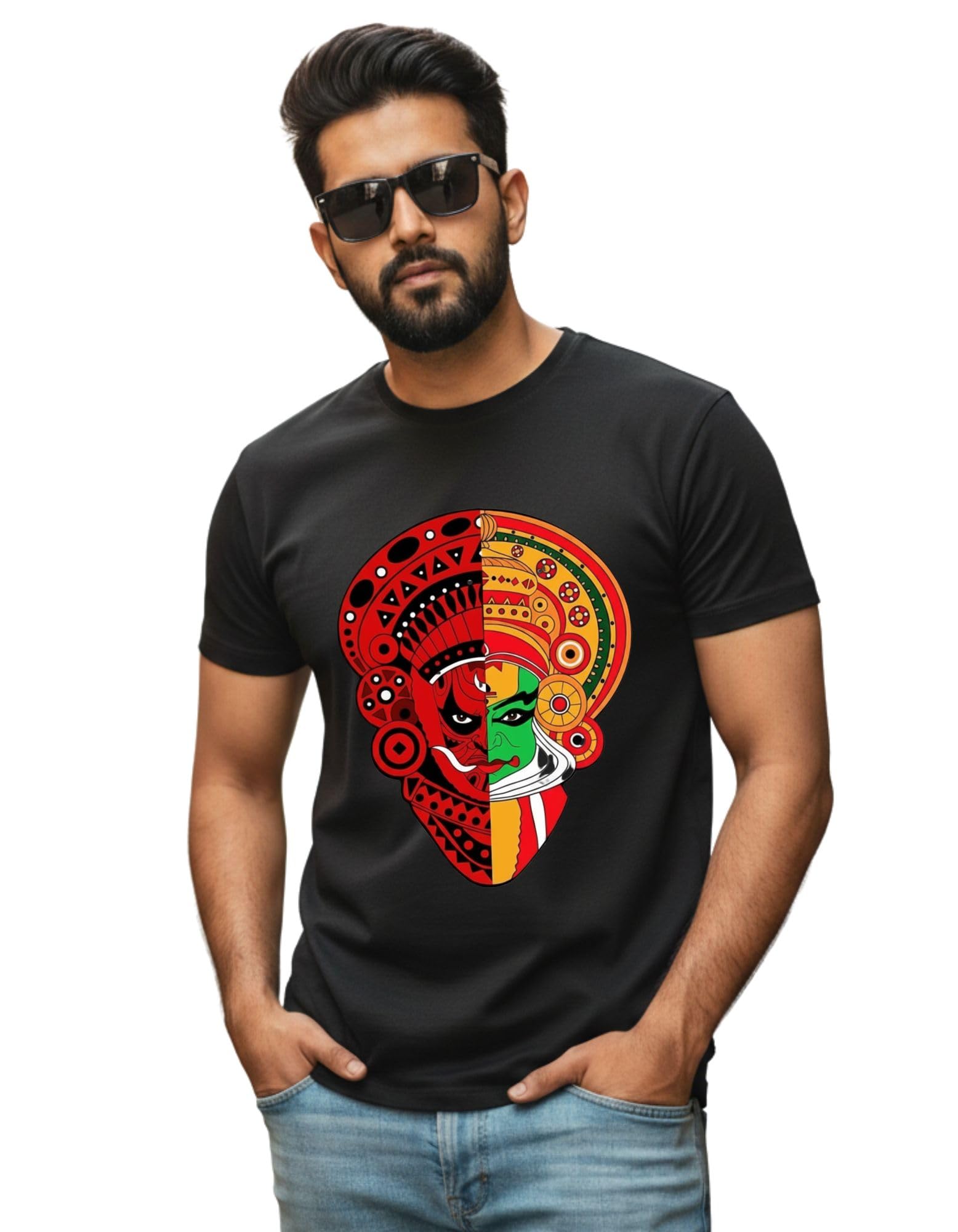 dhirra Theyyam Kathakali Printed T-Shirt | Kerala Traditional Art Graphic Tshirt | Unisex Cotton Round Neck T Shirt for Men & Women | Cultural Festival Wear-picture-51