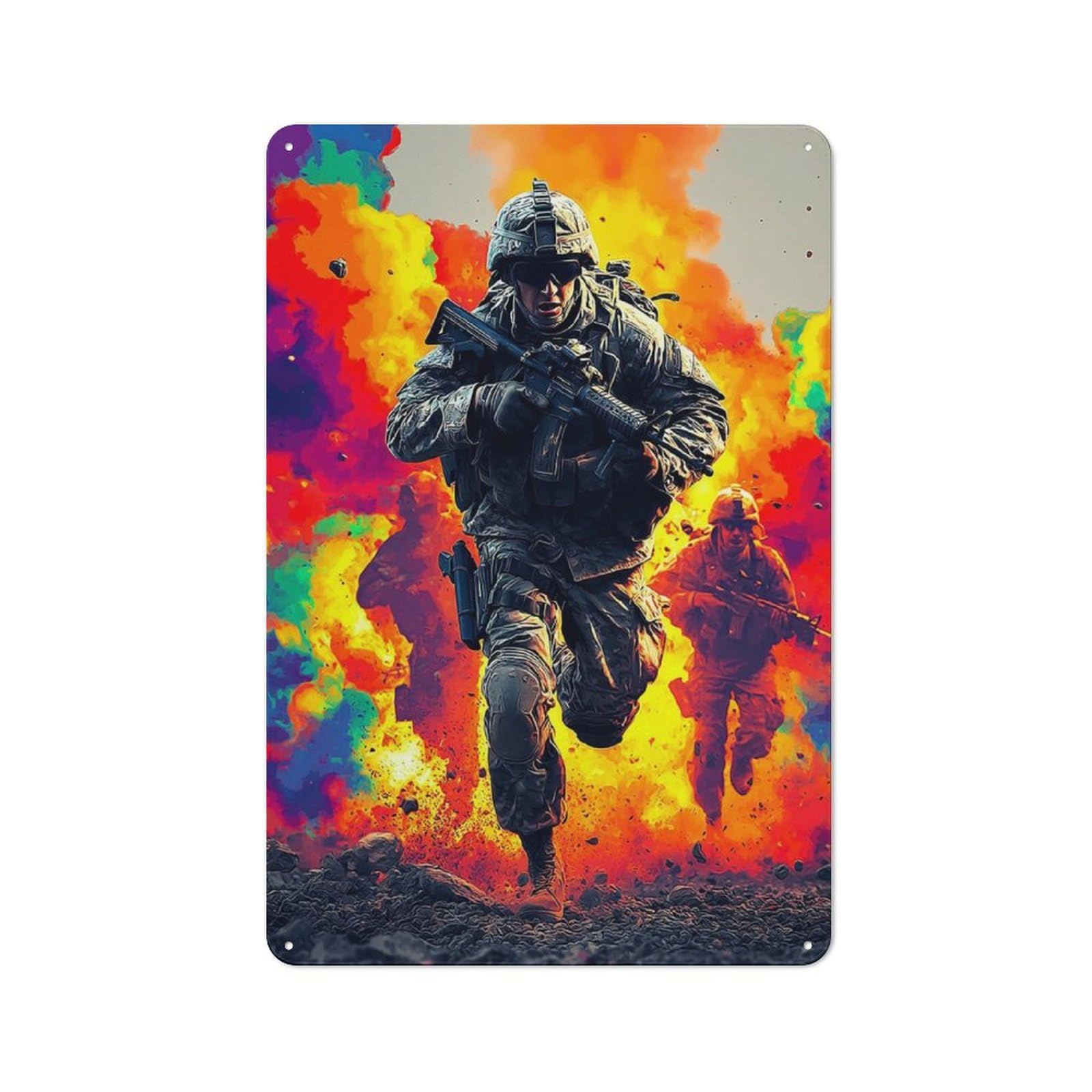 Junmoney Soldiers In Action Amidst Explosions -1 Office Metal Sign With Design 30X20cm, Classic Study Room Decor For Office, Study, Studio Or Hallway