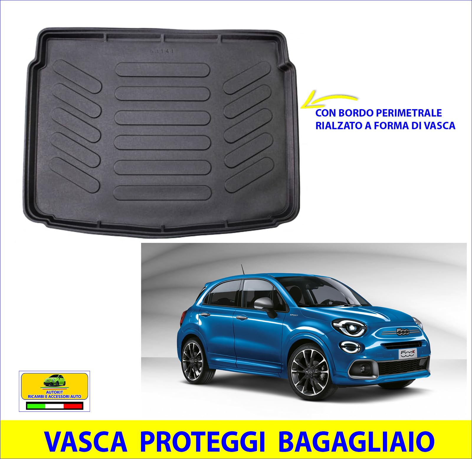 Vasca Baule Specifica COMPATIBILE con 500 X tutti i modelli anche Cross prodotte dal 2014 in poi Proteggi Bagagliaio con bordino rialzato 3D lavabile - 8004813