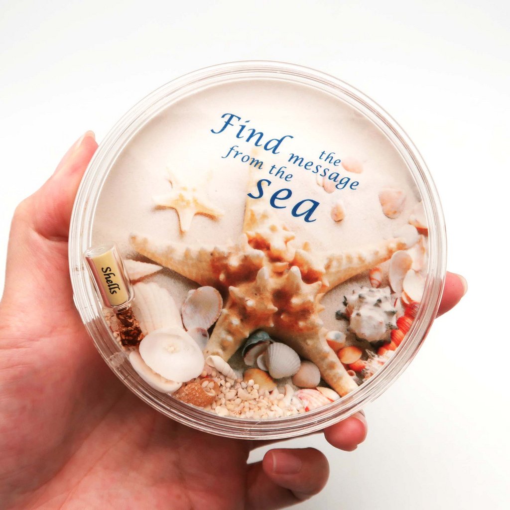 Sea Life Liquid filled Acrylic Paperweight, Starfish with floating shell, sand, and message bottle