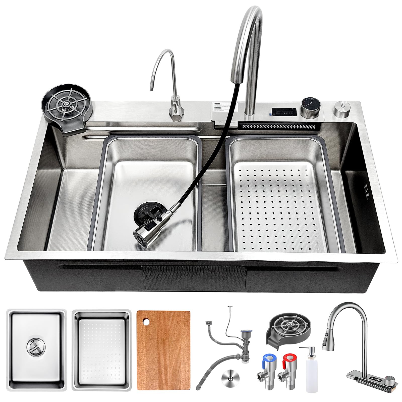 ATHOMASM Kitchen Sink, 80 x 50 cm, Silver Kitchen Sink Made of 304 Stainless Steel, with Waterfall Extendable Tap, Cup Dishwasher, Soap Dispenser, Siphon, Drain Pipe, Large Kitchen Sinks, 1 Bowl — image 1