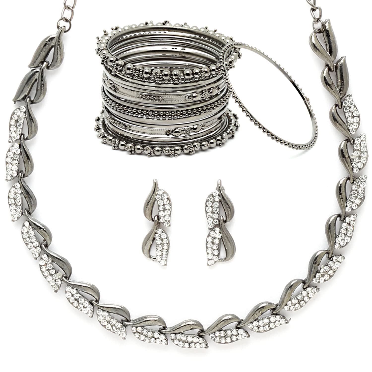 ZENEME Silver Plated Oxidised American Diamond Studded Necklace With Earring and Bangle Jewellery Set For Women and Girl (Black, 2.6) (Style_02, 2.8 Inches) (B0B79Z6LPM) Amazon Price History, Amazon Price Tracker
