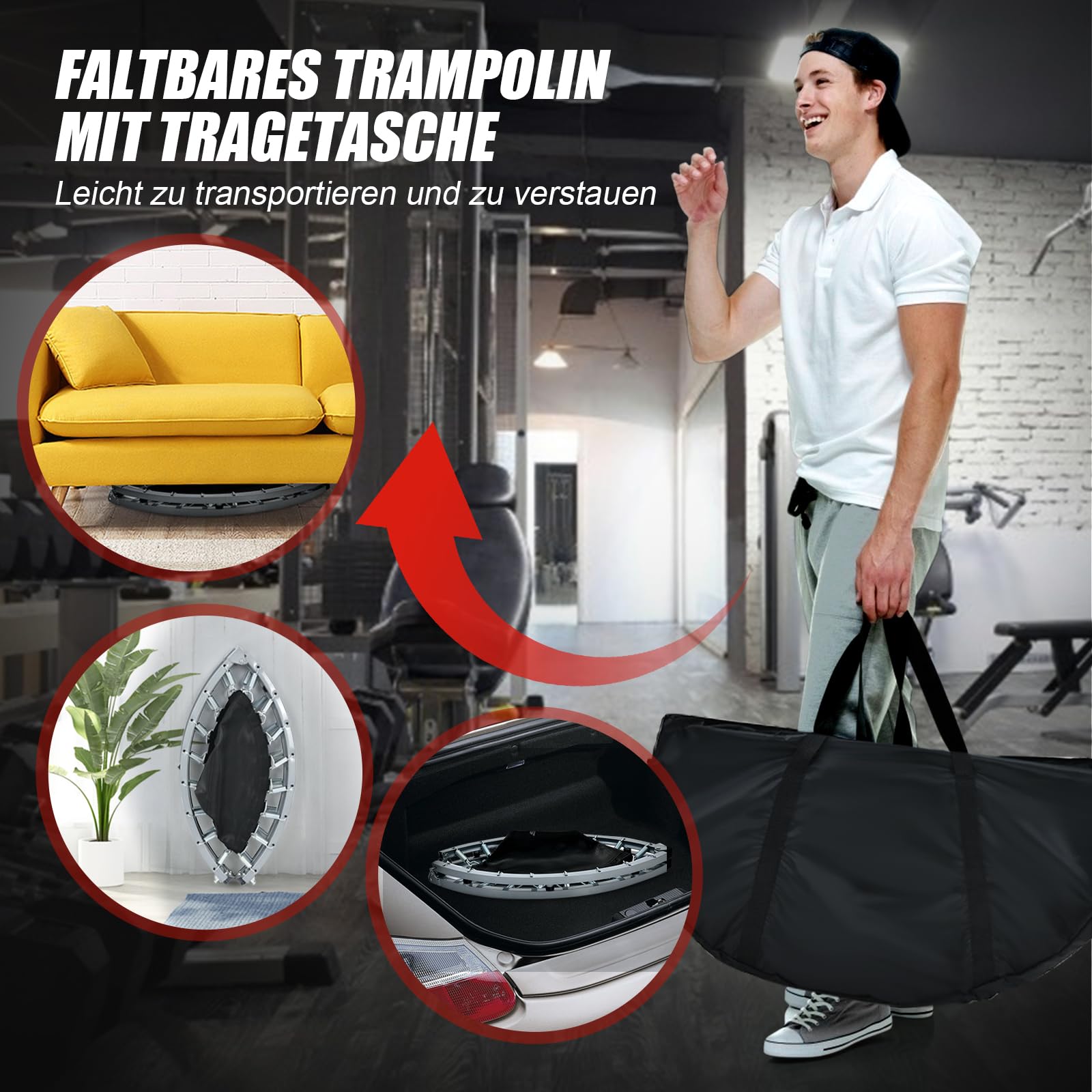 GYMAX Trampolin Fitness Adultos de 101 cm, Cama Elastica Fitness con Asa Ajustable de 4 Niveles, Carga máxima de 150 kg, Mini Trampolín Plegable para Interiores