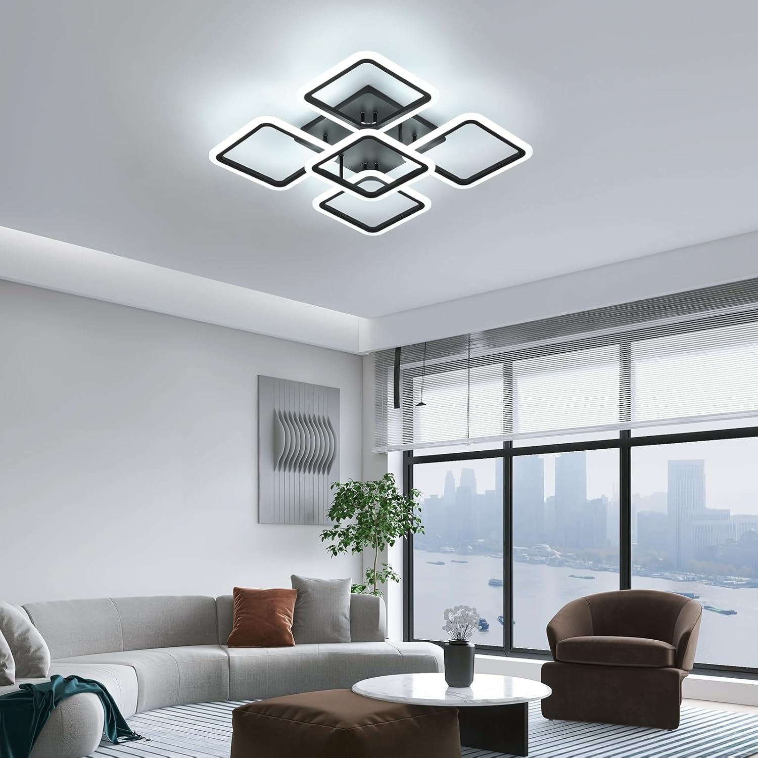 Comely Plafoniera LED Dimmerabile Nero 57W con Telecomando 3000K-6500K | Quadrato 6400LM Lampadario Soffitto Moderna per Soggiorno Camera da Letto Cucina