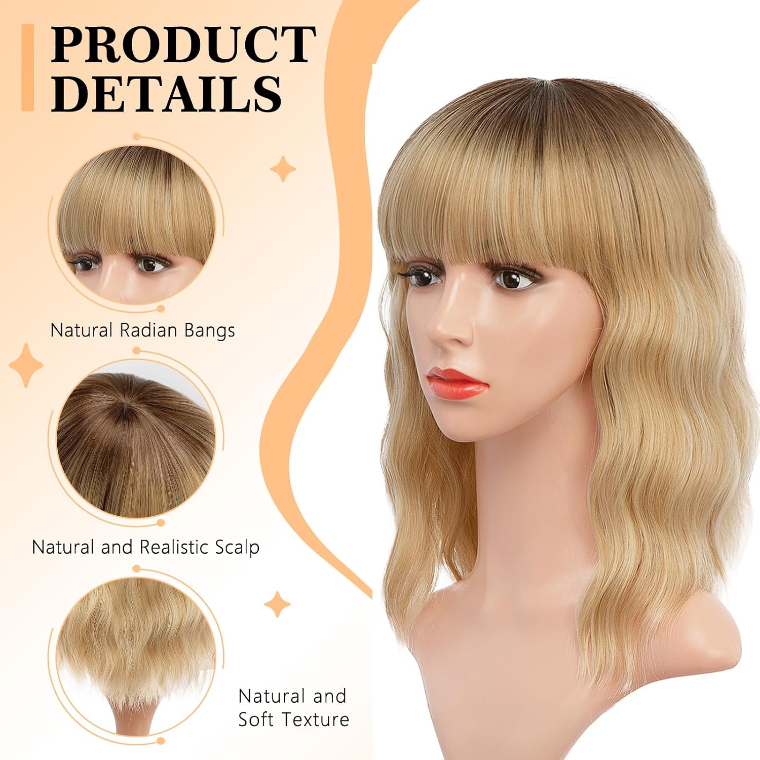 Ombre Blonde Wigs with Bangs Blond Wig for Women 14Inch Short Wavy Wigs Shoulder Length Hair for Girl Natural Looking Synthetic Heat Resistant Fiber Hair for Daily Party Halloween Use