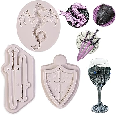 Dragon Silicone Fondant Molds, (3 PACK) Swords Shield Battle Fondant Mold for Thrones Cake, Dragon Cake Decorating Cupcakes, Chocolate, Sugarcraft, Cookies, Crafts, Cards Candies, Polymer Clay (ZH19)