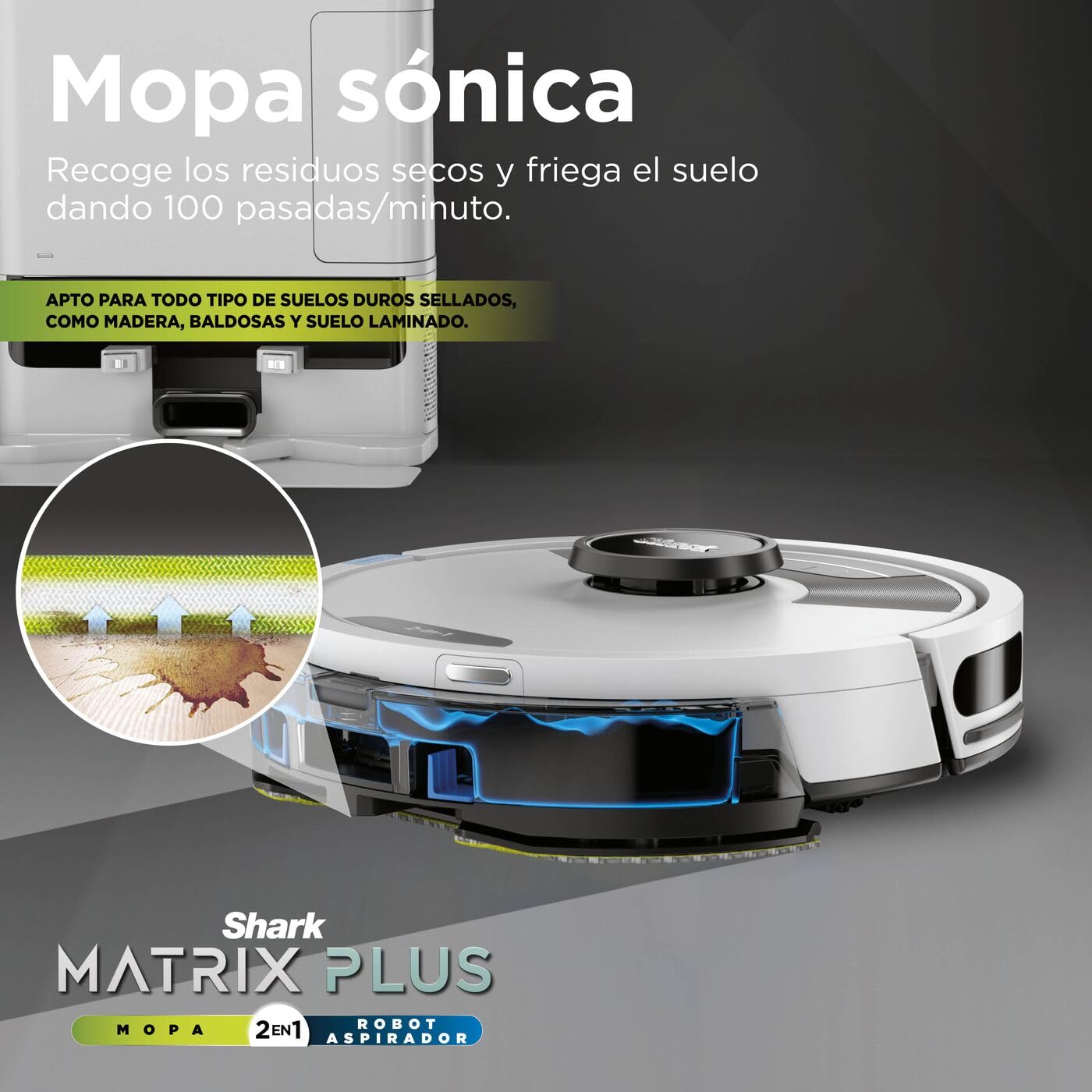 Shark Matrix Plus, Robot Aspirador y Mopa 2 en 1, Blanco, RV2620WAEUWH | Vaciado Automático, Mapeo LiDAR y Tecnología CleanEdge, para Alfombras, Suelos y Pelo de Mascotas, Autocarga, WiFi/App