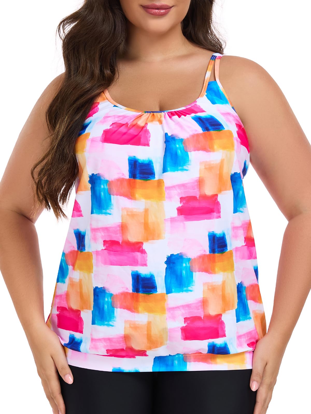 Ocean Blues Damen Tankini Oberteil ohne Bügel Übergröße mit Verstellbaren Trägern und Blouson Lockere Passform Badebekleidung