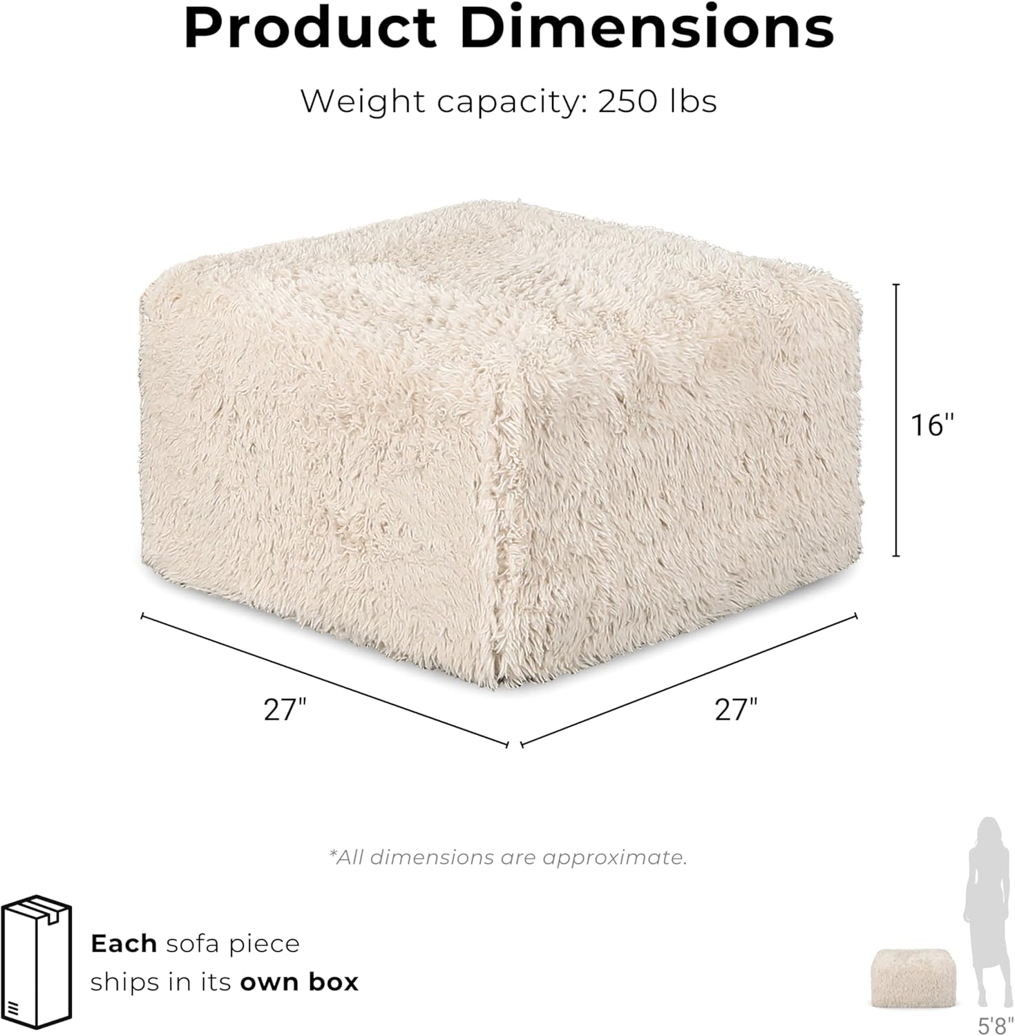 Furniture of America Havyn Modern Faux Fur 1-Seater Square Modular Foam Ottoman, Compressed Couch in a Box, No Assembly Required, for Living Room and Office, Taupe