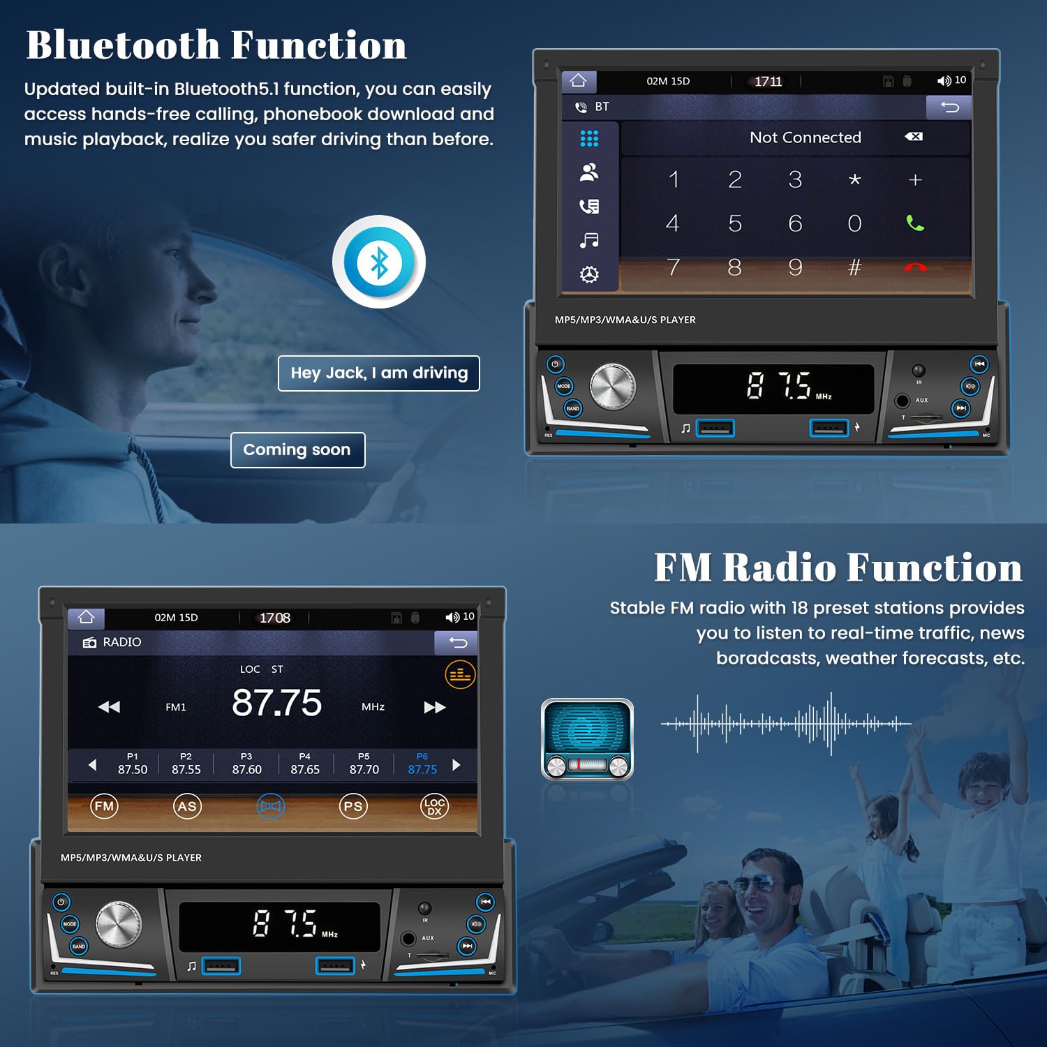 Hikity 7" 1 DIN CarPlay Autoradio avec Bluetooth FM Caméra de Recul | Écran Tactile Android Auto Wireless CarPlay EQ Commandes au Volant Mains Libres USB AUX Carte TF