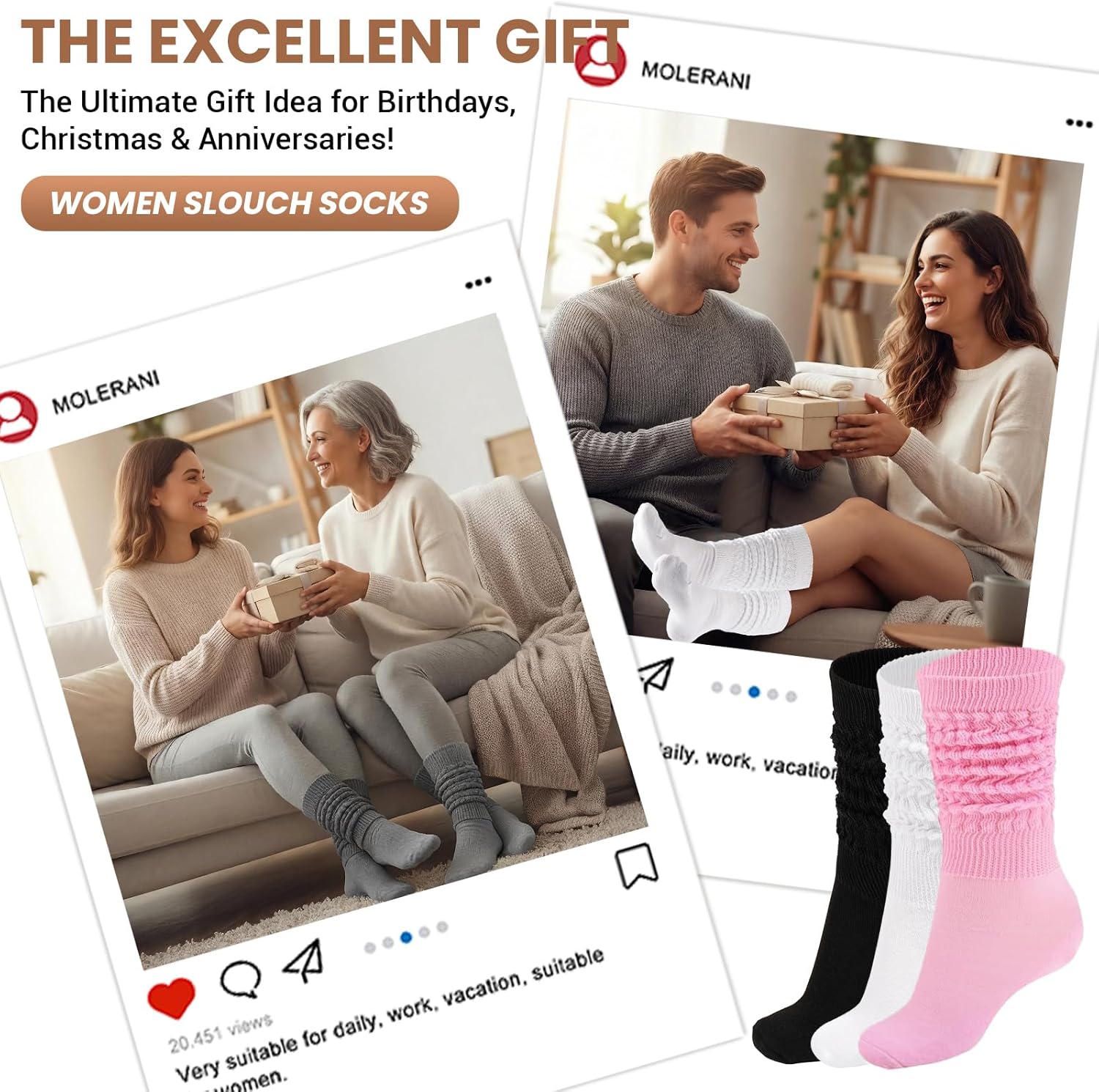 Moon Wood Women's Slouchy Socks for Boots, 3 Pairs Ribbed Knit Thick Warm Long Scrunchie Socks for Hiking & Daily Wear - Image 7